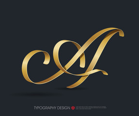 ribbon typography font logo type with Glossy gold decorative silk A letter