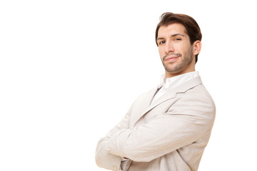 european caucasian brunette happy business man portrait isolated on white