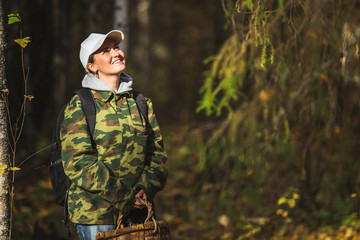 woman, forest, mushroom, looking up, copy space