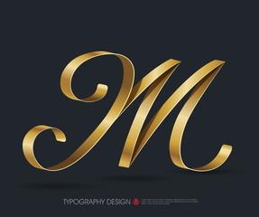 ribbon typography font logo type with Glossy gold decorative silk M letter