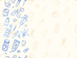 Medical seamless pattern with objects in monochrome blue colors/Background medical theme with painted objects in the style of the line sketch, doodle