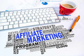 affiliate marketing word cloud on office scene
