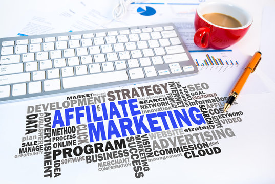 affiliate marketing word cloud on office scene