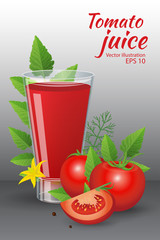 Glass of of tasty fresh tomato juice with red ripe tomatoes, green tomato leafs, blossom and dill