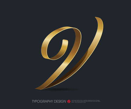 ribbon typography font logo type with Glossy gold decorative silk V letter