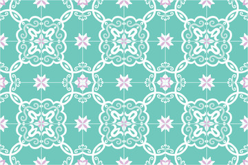 Traditional ornate portuguese and brazilian tiles azulejos in turquoise and pink. Spanish talavera tiles. Vintage pattern. Abstract background. Vector illustration, eps10. 
