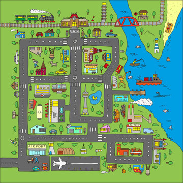 Doodle city map. Isolated.