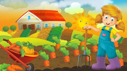 Happy farm scene with a young farmer child - illustration for children