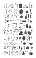 Kitchenware. Doodle set in vector isolated on a white background. Hand drawn illustration.