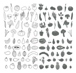 Set of hand drawn Vegetables and Tropical fruits. Doodles, vector illustration. Isolated.