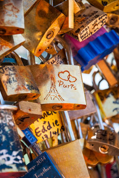 Love padlocks on parisian bridge