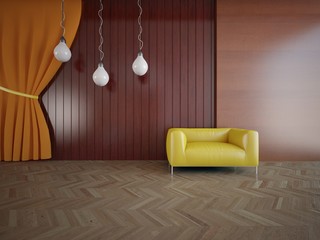 Wooden interior of living room with colored furniture