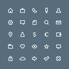 Invert bold outline vector icon set - business, office, money, contacts symbols on the dark background