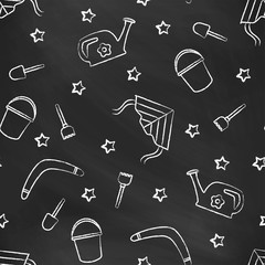 Seamless pattern black chalk board with white children's chalk drawings. Hand-drawn style. Seamless vector wallpaper with the image of kite flying, head, boomerang, star, bucket, shovel, rake
