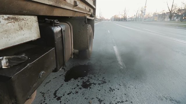 Toxic Gas Black Smoke Comes Out From An Old Truck Exhaust Pipe