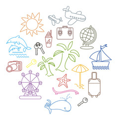Fototapeta na wymiar a set of multi-colored planar linear icons on the theme of travel, beach holidays