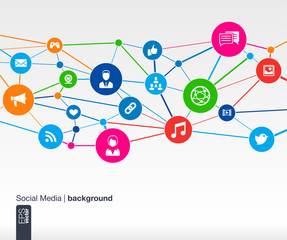 Social media network. Growth background with lines, circles and integrate flat icons. Connected symbols for digital, interactive, market, connect, communicate, global concepts. Vector illustration