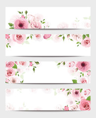 Set of four vector web banners with pink roses and lisianthus flowers.