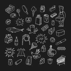 Hand drawn collection of supermarket symbols. Food, drinks, bake