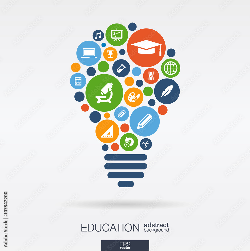 Poster color circles, flat icons in a bulb shape, education, school, science, knowledge, elearning concepts