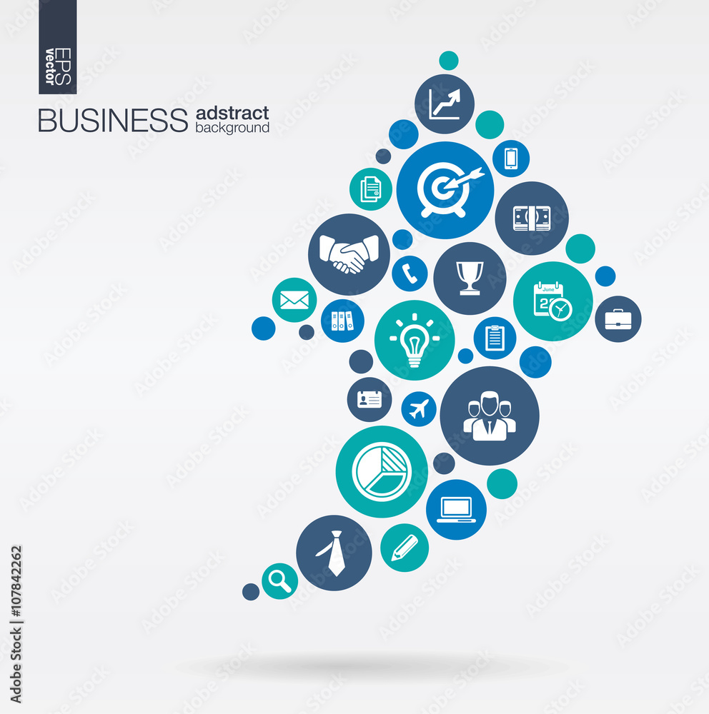 Aufkleber color circles with flat icons in an arrow up business, marketing research, strategy, mission, analyt