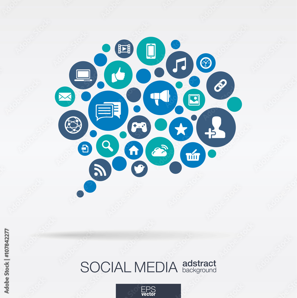 Poster color circles, flat icons in a speech bubble shape, technology, social media, network, computer conc