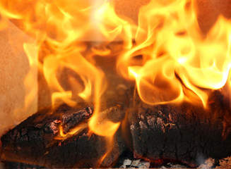 Fototapeta premium Burning flames in the fireplace close up