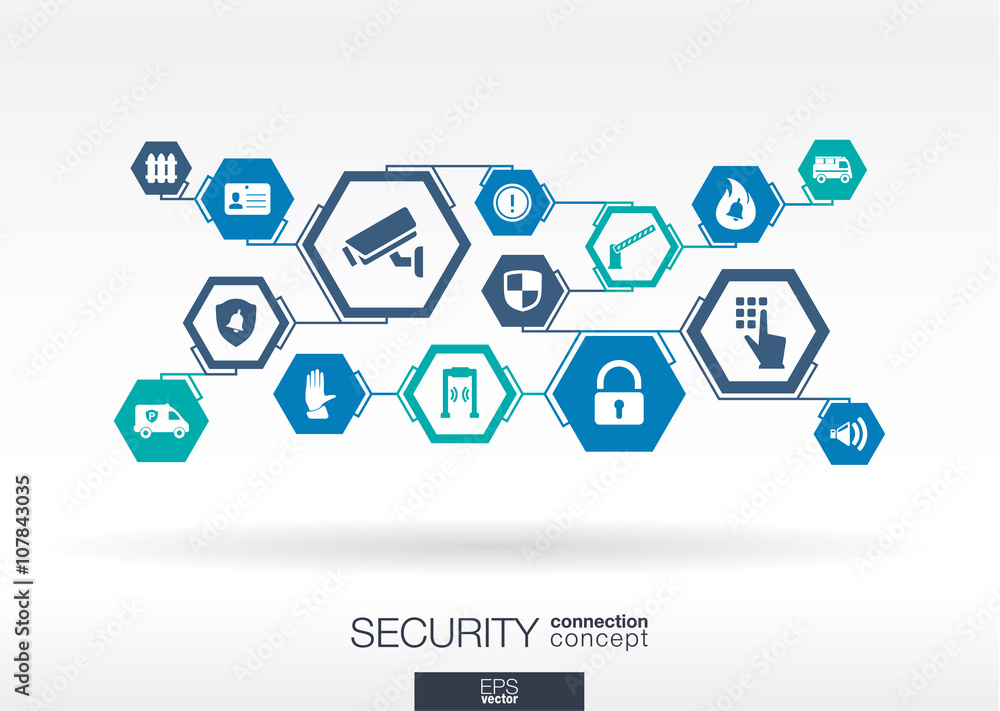 Poster security network. hexagon abstract background with lines, polygons, and integrate flat icons. connec