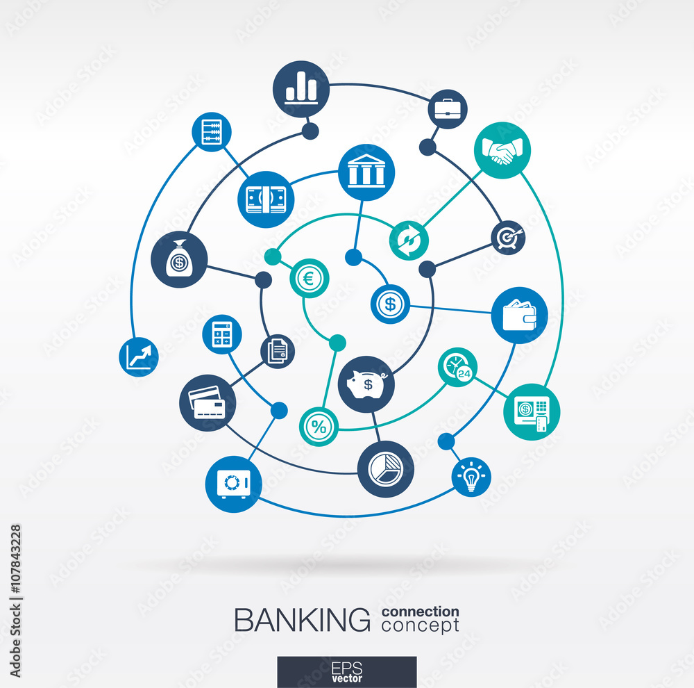 Poster banking network. circles abstract background with lines and integrate flat icons. connected symbols 