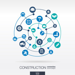 Construction network. Abstract background with lines, circles, and integrated flat icons. Connected symbols for build, industry, architectural, engineering concepts. Vector infograph illustration