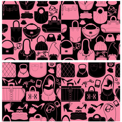 Set of seamless patterns with woman bags and handbags. Ready to