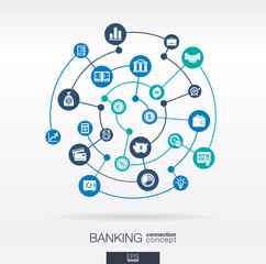 Banking network. Circles abstract background with lines and integrate flat icons. Connected symbols for money, card, bank, business and  finance concepts. Vector interactive illustration