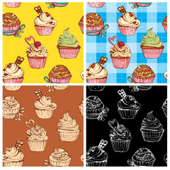 set of seamless patterns with decorated sweet cupcakes - backgro