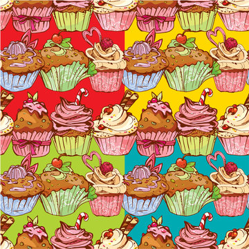 set of seamless patterns with decorated sweet cupcakes - backgro