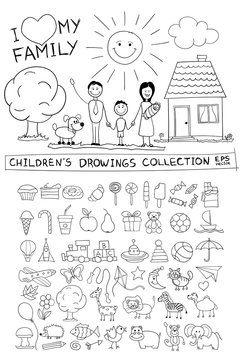 Child hand drawing illustration of happy family with kids near home, dog, sun. Line graphic sketch image of children pencil painting in vector doodles set