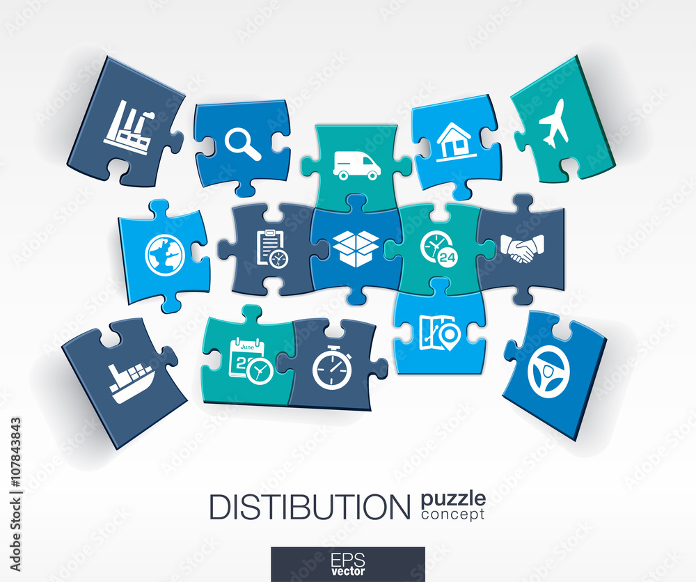 Poster abstract distribution background with connected color puzzles, integrated flat icon. 3d concept with