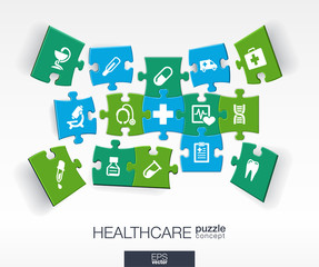 Abstract medicine background with connected color puzzles, integrated flat icons. 3d infographic concept with medical, health, healthcare, cross pieces in perspective. Vector interactive illustration.