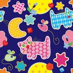Seamless pattern - sweet dreams - cat, mouse, stars and moon are
