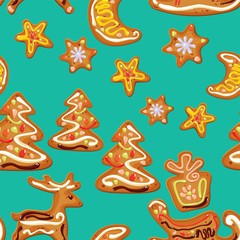 Fototapeta na wymiar seamless christmas pattern - xmas gingerbread on blue backgro
