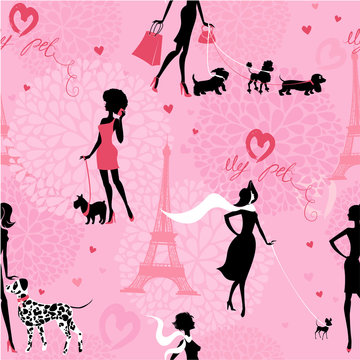 Seamless pattern with black silhouettes of fashionable girls wit