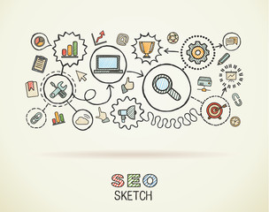 SEO hand draw integrated icons set on paper. Colorful vector sketch infographic illustration. Connected doodle pictograms, marketing, network, analytic, technology, optimize, interactive concept