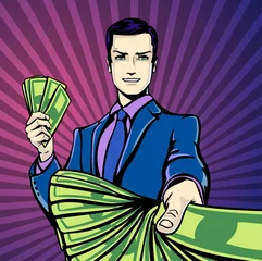 Wall murals Pop Art Vector illustration of successful businessman smiling counting money dollars, smirking in pop art comics retro style or cartoon style casting shadow, Halftone. Conception of charm.