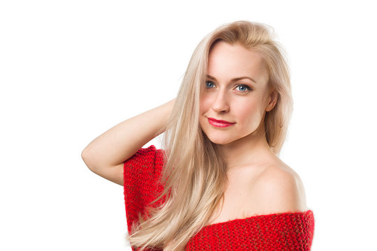 Face Of The Cute Woman In Red Sweater