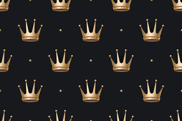 Seamless pattern with gold king crown on a dark black background. Vector Illustration