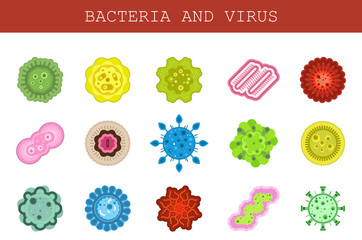 Vector isolated set of flat icons of microscopic organisms, microbe, bacteria, virus, microorganism in cartoon style. Conception of medical health, allergy, epidemic disease, danger illness, hygiene. 