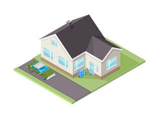 Vector Isometric House illustration with family car.
Domestic home with garden and family transport.