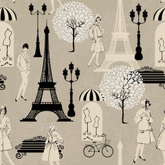 Seamless pattern - Effel Tower, street lights, old fashioned gir