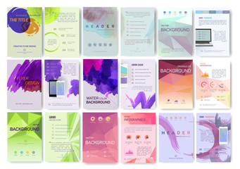 A large set of booklet, magazine poster, flyer, abstract banner, creative, decorative illustration ,vector, brochure design template,  Watercolor sheet, paper, aquarelle