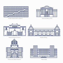 Monuments thin line vector icons. National Gallery of Art, National Palace Museum, Orsay, Victoria and Albert Museum, Sofia. Famous world museums.