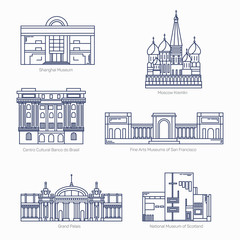 Monuments thin line vector icons. Shanghai museum, Moscow Kremlin, Bank of Brazil Cultural Center, Fine Arts Museums of San Francisco, Grand Palais, National museum of Scotland. Famous world museums. 